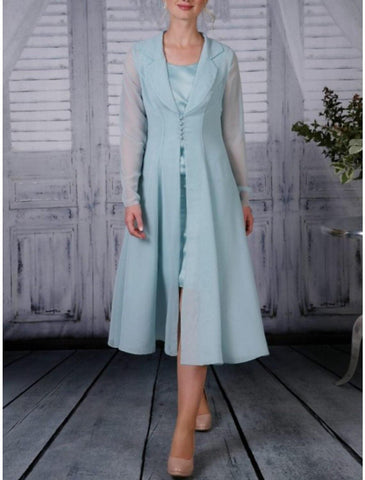 Vestido de mãe da noiva em duas peças, corte A, para convidada de casamento, simples, elegante, gola estilo camisa, comprimento chá, chiffon, manga comprida com pregas, cor sólida