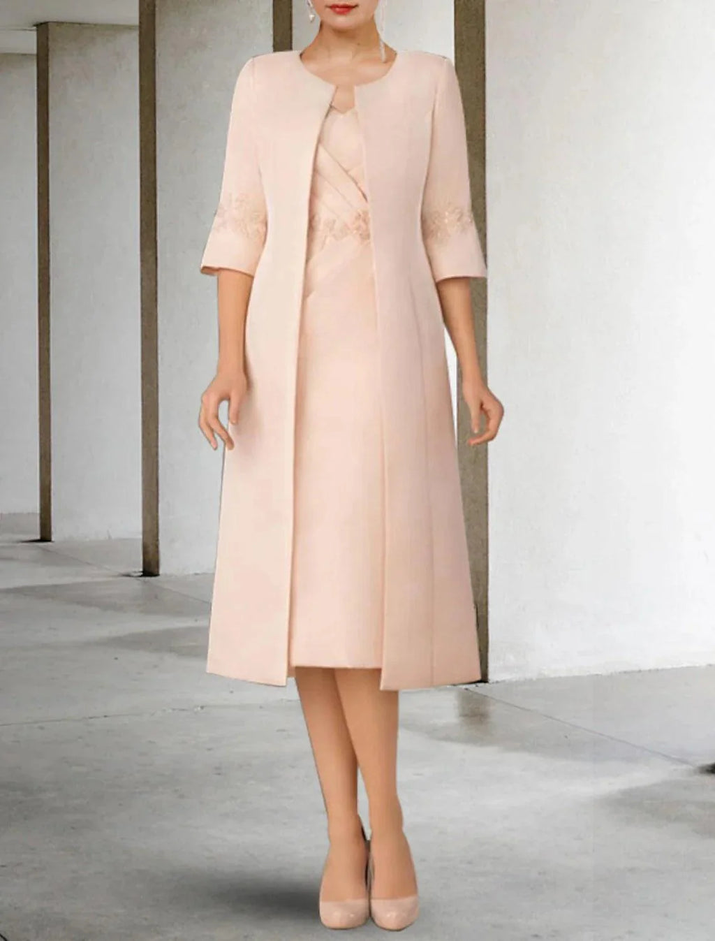 Zweiteiliges Etuikleid/Säulenkleid für die Brautmutter, elegant, für die Kirche, für den Winter, mit Jacke, kurze Ärmel, V-Ausschnitt, knielang, Spitze, Stretch-Chiffon, Applikationen, seitlich drapiert