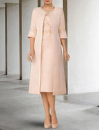 Zweiteiliges Etuikleid/Säulenkleid für die Brautmutter, elegant, für die Kirche, für den Winter, mit Jacke, kurze Ärmel, V-Ausschnitt, knielang, Spitze, Stretch-Chiffon, Applikationen, seitlich drapiert