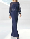 Abito da sera / colonna per ospiti di nozze autunnali per madre lungo fino a terra con maniche lunghe, scollo illusion in chiffon e paillettes