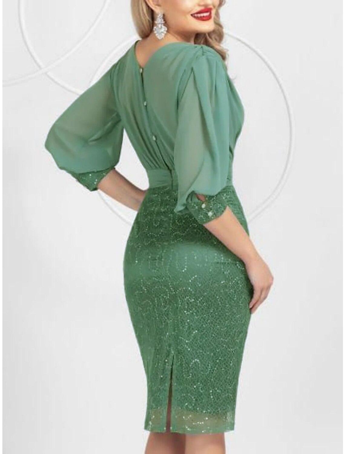 Vestido de mãe da noiva com bainha/coluna, elegante, para festa de casamento, decote em V, comprimento até ao joelho, chiffon, renda, meia manga, com lantejoulas, frente aberta, pregadeira de cristal