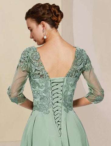 Zweiteiliges A-Linien-Kleid für die Mutter der Braut, formeller Hochzeitsgast, eleganter hoher und niedriger U-Ausschnitt, asymmetrische knielange Chiffon-Spitze, halbe Ärmel, Wickelkleid mit Perlenapplikationen