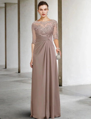 Etuikleid/Säulenkleid für die Brautmutter, Herbstkleid für Hochzeitsgäste, Übergröße, elegant, Rundhalsausschnitt, bodenlang, Chiffon, Spitze, kurze Ärmel mit Applikationen, seitlich drapiert
