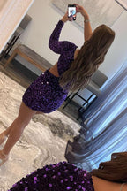 Vestido Corto de Fiesta con Purpurina Morada, Manga Única y Corte