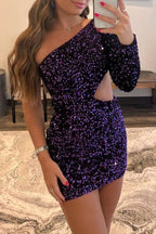 Vestido Corto de Fiesta con Purpurina Morada, Manga Única y Corte