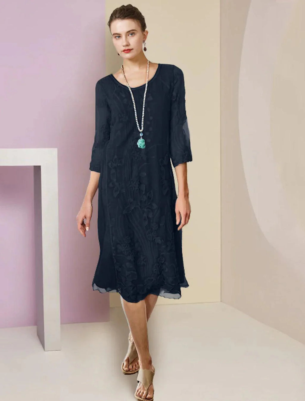 Zweiteiliges Etuikleid/Säulenkleid für die Brautmutter, formelle Hochzeitsgäste, eleganter U-Ausschnitt, knielang, Chiffon, Spitze, halbe Ärmel, Jackenkleider mit Applikationen