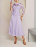 Abito da Madre della Sposa a Fodera/Colonna per Matrimonio Autunnale Ospite di Cerimonia con Scollo a Cuore Lunghezza Tea Chiffon Pizzo Manica 3/4 con Pieche e Perline