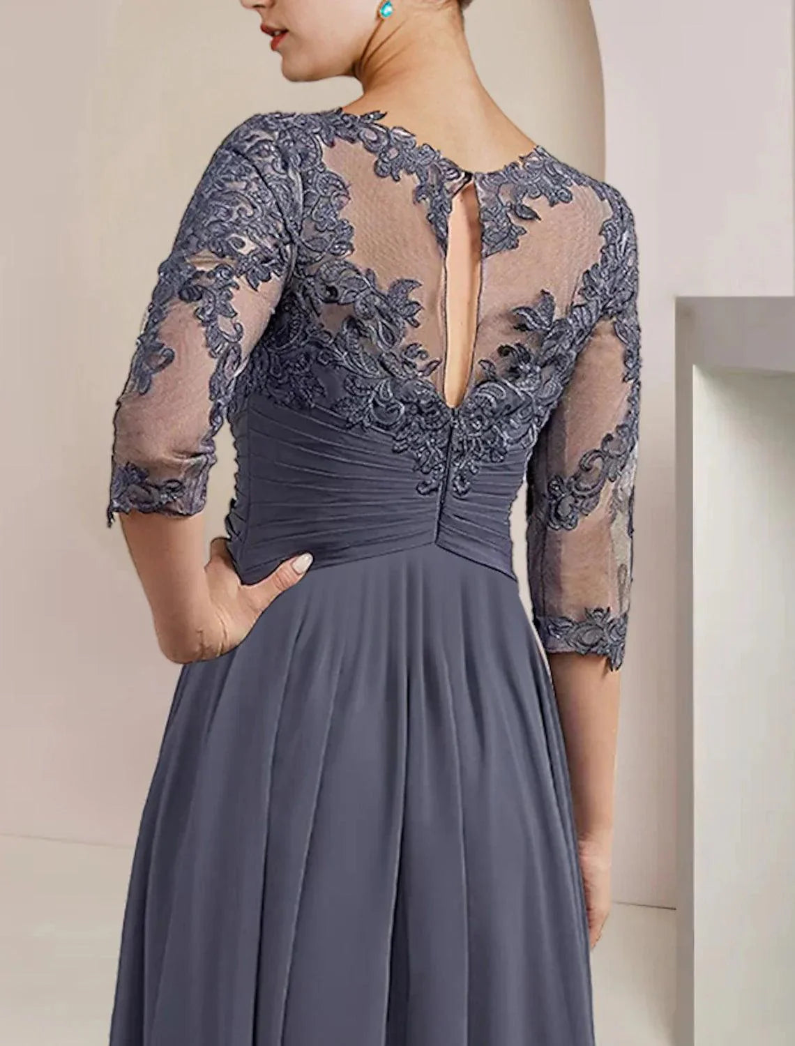 Vestido de mãe da noiva em duas peças, corte A, formal, para convidada de casamento, elegante, decote redondo, comprimento chá, chiffon, renda, manga 3/4, envoltório, incluído com aplicações e franzidos