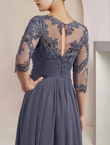 Zweiteiliges A-Linien-Kleid für die Mutter der Braut, formeller Hochzeitsgast, eleganter U-Ausschnitt, knielang, Chiffon, Spitze, 3/4-Ärmel, Wickelkleid inklusive, mit Applikationen, Rüschen