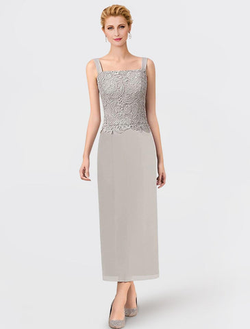 Zweiteiliges Kleid für die Mutter der Braut, formelle Hochzeitsgäste, elegant, quadratischer Ausschnitt, knöchellang, Chiffon, Spitze, ärmellos, Wickelkleid inklusive Applikationen