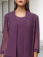 Zweiteiliges A-Linien-Kleid für die Brautmutter, eleganter Rundhalsausschnitt, knielang, Chiffon, Spitze, ärmellos, Wickelkleid inklusive, einfarbig