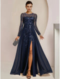 Elegantes, bodenlanges Kleid für Hochzeitsgäste mit Rundhalsausschnitt, Chiffon, Spitze und Pailletten, langen Ärmeln und Schlitz vorne, einfarbig