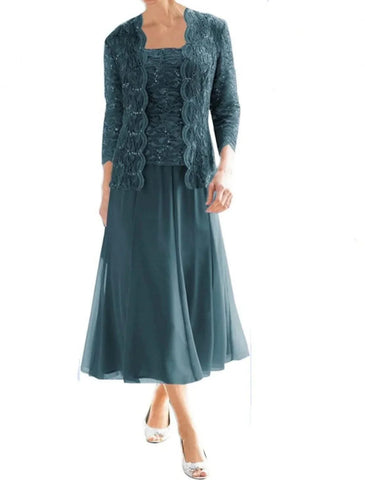 Zweiteiliges elegantes Vintage Sparkle &amp; Shine Kleid für die Brautmutter, quadratischer Ausschnitt, knielang, Chiffon, Spitze, 3/4-Ärmel, Falten, Pailletten