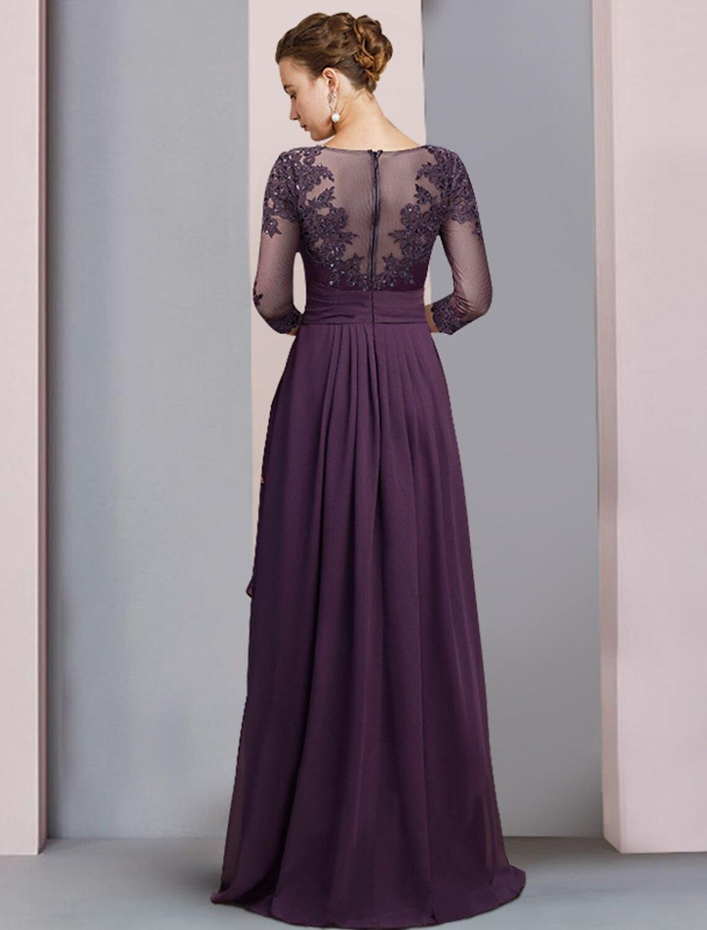 Etuikleid/Säulenkleid für die Brautmutter, formelle Party, elegant, U-Ausschnitt, asymmetrisch, Chiffon, Spitze, 3/4-Ärmel mit Falten, Pailletten