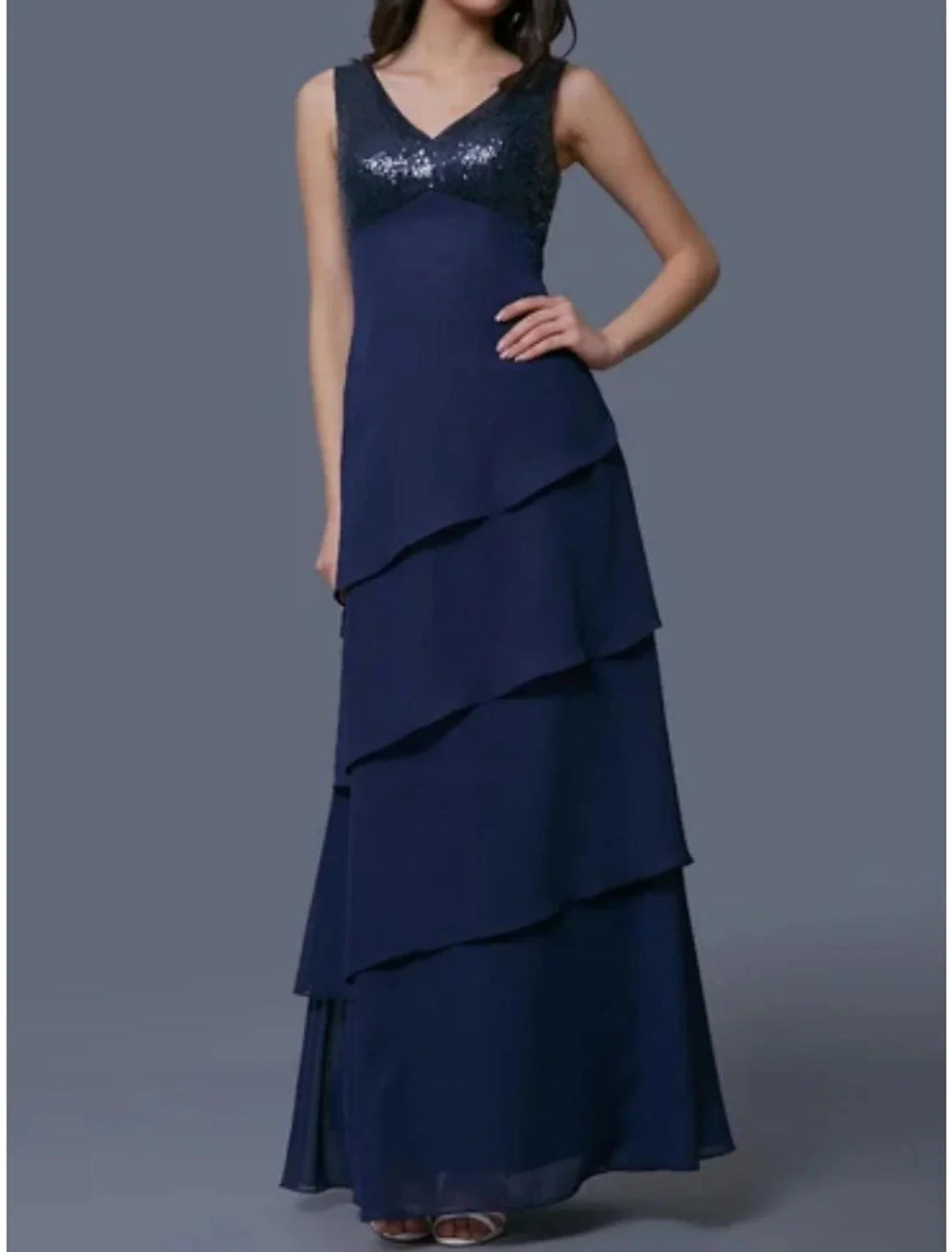 Vestido de mãe da noiva com bainha/coluna, elegante, decote redondo, comprimento até ao tornozelo, chiffon, manga curta com lantejoulas