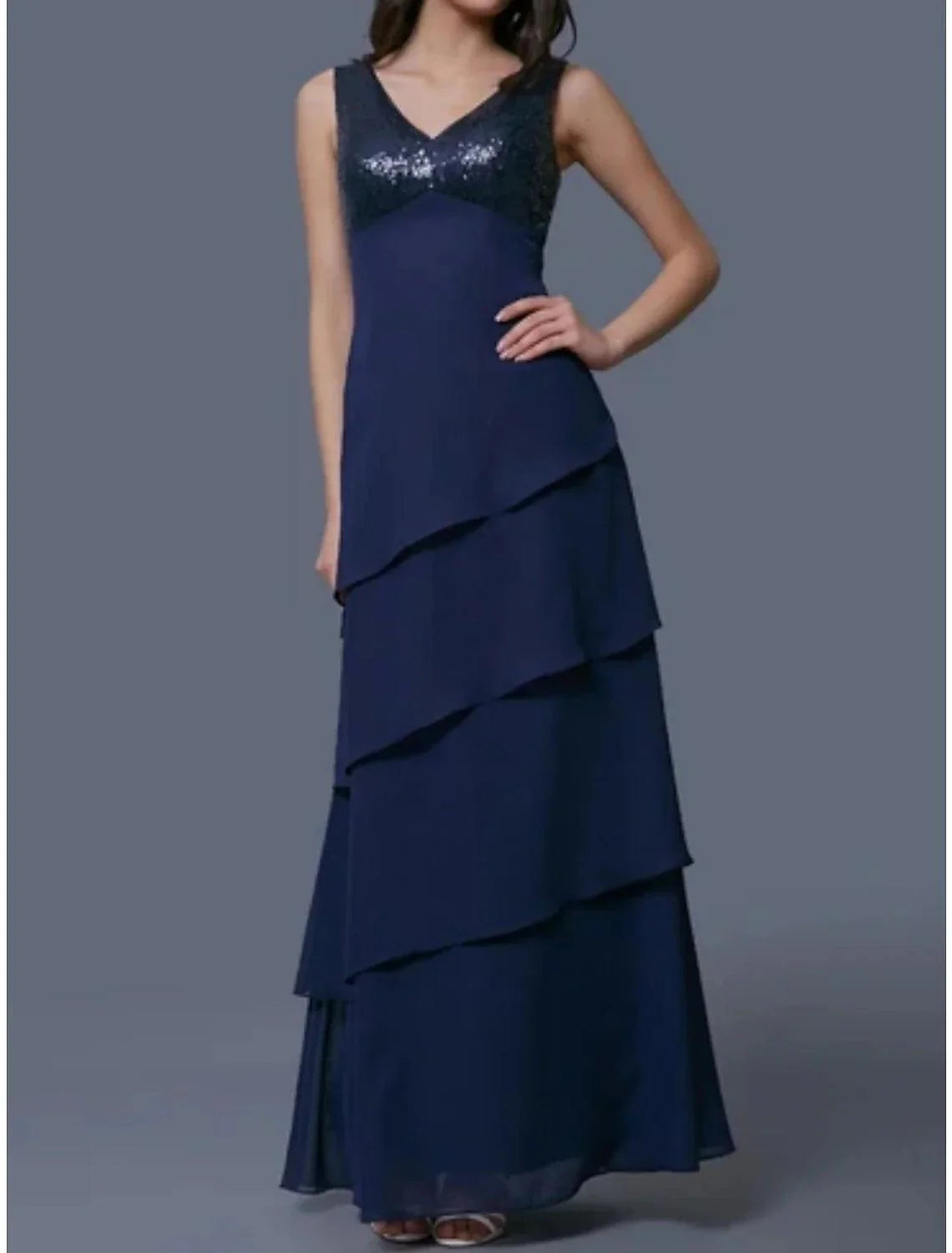 Vestido de mãe da noiva com bainha/coluna, elegante, decote redondo, comprimento até ao tornozelo, chiffon, manga curta com lantejoulas