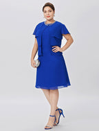 Vestido de mãe da noiva com bainha/coluna, clássico e intemporal, elegante e luxuoso, tamanho grande, decote em joia, comprimento até ao joelho, chiffon, manga curta com cristais, em camadas