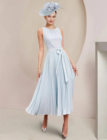 Zweiteiliges A-Linien-Kleid für die Mutter der Braut, Hochzeitsgast, Party, Vintage, elegant, U-Ausschnitt, knielang, Chiffon, ärmellos, Wickelkleid inklusive Schleife(n), Falten