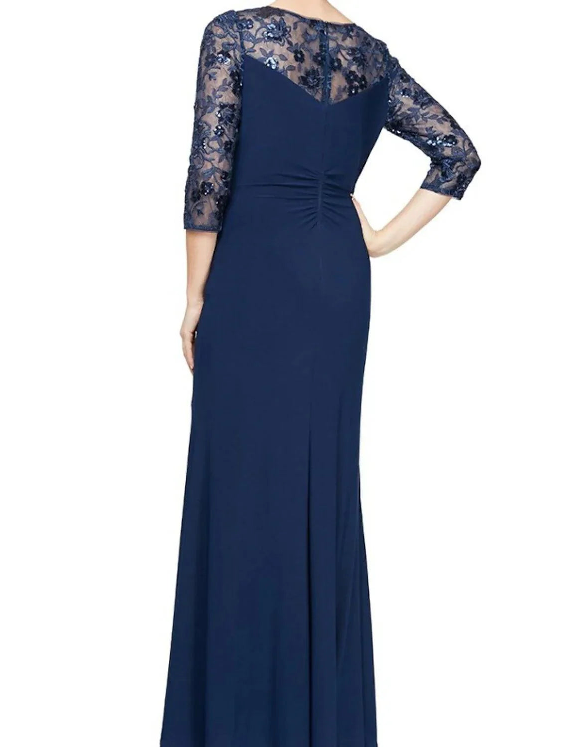 Vestido tubinho/coluna para mãe da noiva, convidada de casamento, elegante, decote em joia, comprimento até ao tornozelo, chiffon com renda, manga 3/4, com lantejoulas, racha frontal franzida