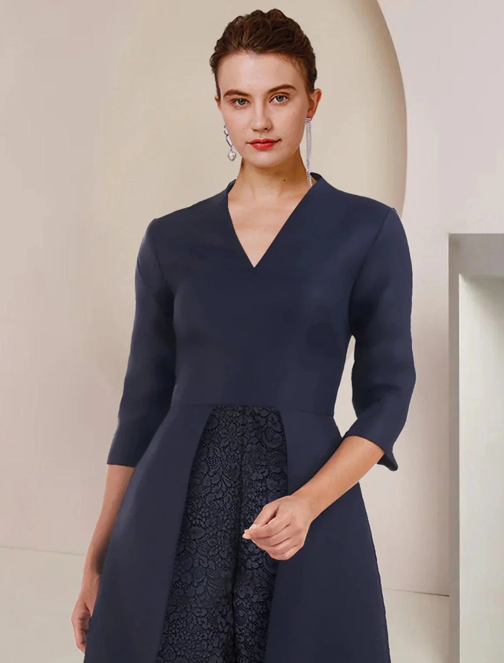 Macacão/calça para mãe da noiva, vestido para festa de casamento, elegante, decote em V, comprimento chá, tafetá, manga 3/4, cor sólida