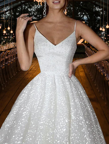 Vestidos de noiva casuais Hall Sparkle &amp; Shine, corte A, camisola, decote em V, alças finas, cauda longa, lantejoulas, cor sólida, festa de casamento, verão, outono