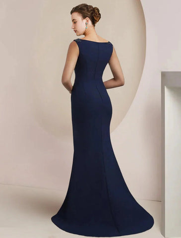 Meerjungfrau/Trompete Kleid für die Brautmutter, formeller Hochzeitsgast, elegant, U-Ausschnitt, Pinselschleppe, Chiffon, ärmellos, mit Perlenstickerei