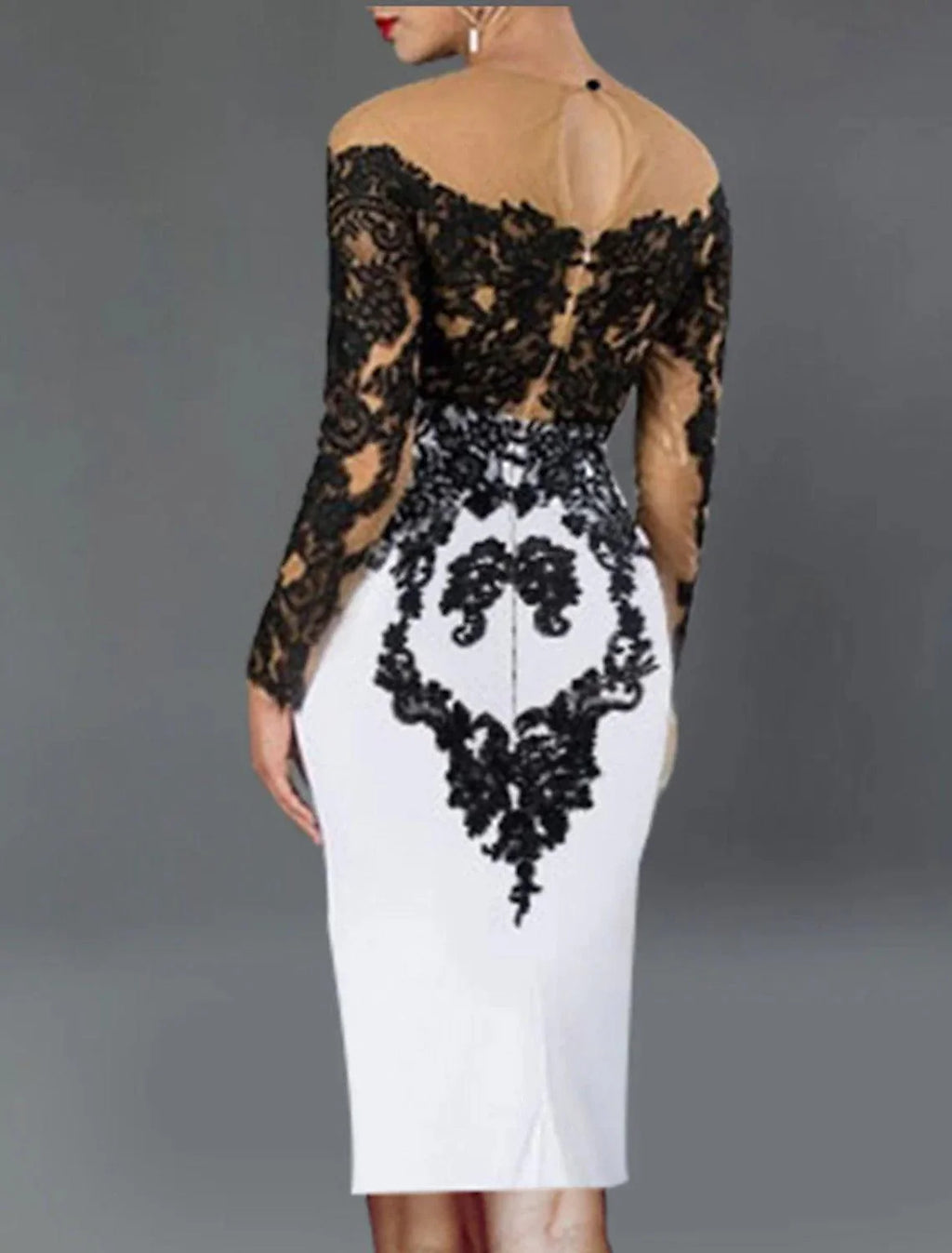 Robe cocktail gaine / colonne noire grande taille robe élégante robe d'invitée de mariage d'automne pour mère longueur thé manches longues décolleté bretelle tombante tissu extensible avec appliqués