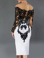 Robe cocktail gaine / colonne noire grande taille robe élégante robe d'invitée de mariage d'automne pour mère longueur thé manches longues décolleté bretelle tombante tissu extensible avec appliqués