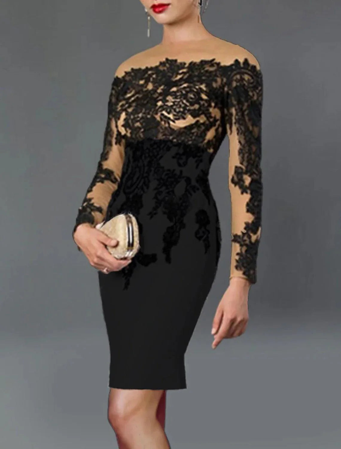 Vestido de cocktail preto com bainha/coluna, tamanho grande, elegante, para convidada de casamento no outono, para mãe, comprimento chá, manga comprida, ombro de fora, tecido elástico com aplicações