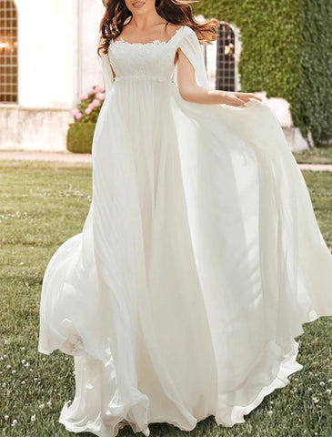 Hall Casual Brautkleider A-Linie Square Neck Sleeveless Sweep / Brush Train Chiffon Brautkleider mit Falten Applikationen