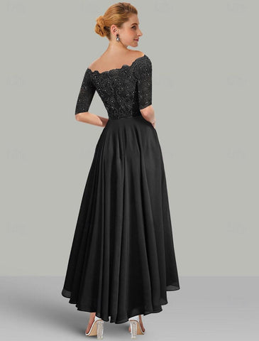 Kleid für die Brautmutter, elegant, hoch und niedrig, schulterfrei, asymmetrisch, Chiffon, Spitze, halbe Ärmel mit Spitzenschärpe