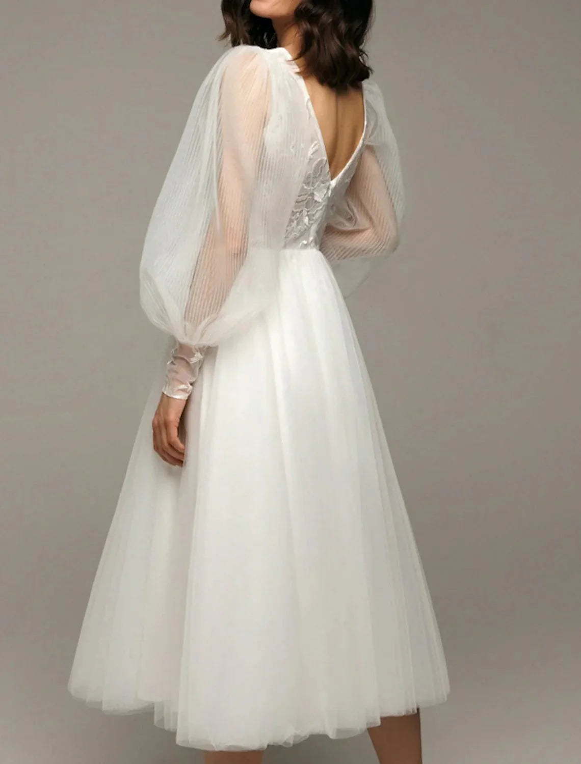 Hall Vintage 1940s / 1950s Little White Dresses Wedding Dresses A-Line V Neck Long Sleeve Tea Length Satin Bridal Gowns With Appliques Solid Color