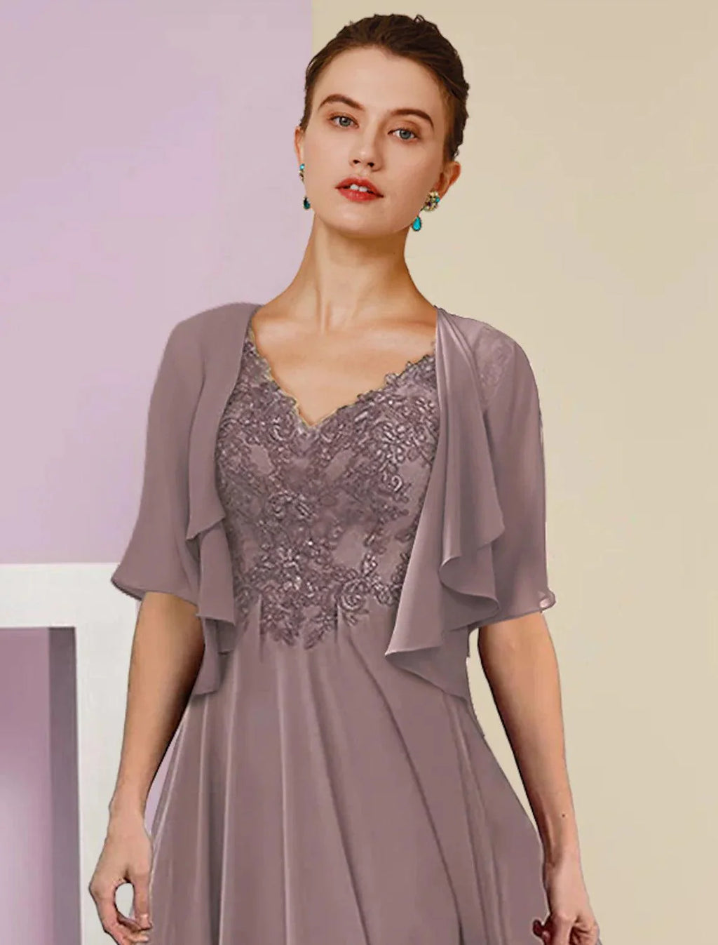Vestido de mãe da noiva em duas peças, corte A, formal, para convidada de casamento, elegante, decote em V, comprimento chá, chiffon, renda, manga curta, casaco, vestidos com pregas, aplicações