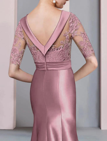 Meerjungfrau/Trompete Kleid für die Brautmutter, formelle Kleider für Hochzeitsgäste im Herbst, elegant, hoch und tief, U-Ausschnitt, Pinselschleppe, asymmetrisch, Satin, Spitze, halbe Ärmel mit Schleife(n), Applikationen