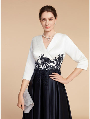 Numbersea A-Line Mother of the Bride Dress Wedding Guest Elegant Petite V Neck Asymmetrical Satin Lace Half Sleeve with Ruching
