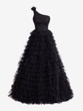 Kinsley | Schwarzes, langes, gestuftes A-Linien-Ballkleid mit One-Shoulder-Träger