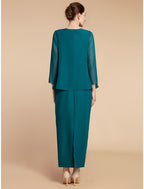 Vestido tubinho/coluna para mãe da noiva, convidada de casamento, elegante, simples, decote em joia, comprimento até ao tornozelo, chiffon, manga comprida, com racha frontal, franzido, cor sólida