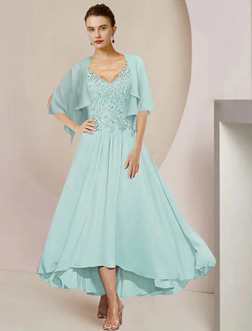 Zweiteiliges A-Linien-Kleid für die Mutter der Braut, formelle Hochzeitsgäste, elegant, hoher und niedriger V-Ausschnitt, asymmetrische Teelänge, Chiffon-Spitze, 3/4-Ärmel, Wickelkleid inklusive Pailletten-Applikationen