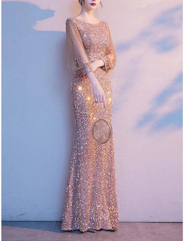 Kleid für die Brautmutter, elegant, Sparkle &amp; Shine, zierlich, Rundhalsausschnitt, bodenlang, mit Pailletten, 3/4-Ärmel