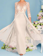 Vestido tubinho/coluna para mãe da noiva, convidada de casamento, luxuoso, elegante, decote redondo, comprimento até ao chão, chiffon, renda, manga 3/4 com aplicações de missangas