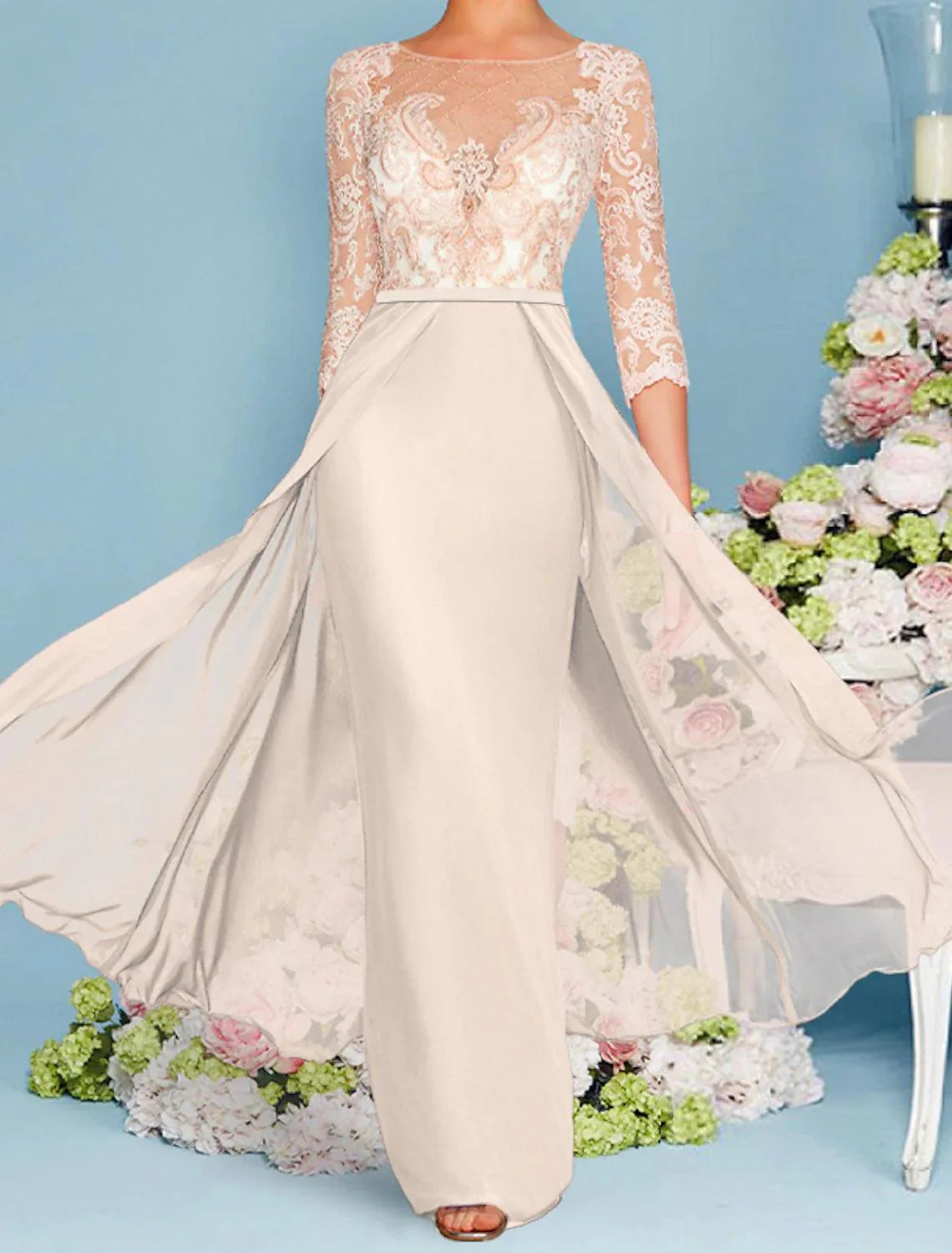 Vestido tubinho/coluna para mãe da noiva, convidada de casamento, luxuoso, elegante, decote redondo, comprimento até ao chão, chiffon, renda, manga 3/4 com aplicações de missangas