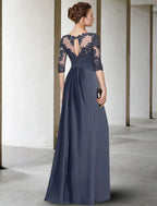 Vestido de mãe da noiva plus size, elegante, com decote em v, comprimento até ao chão, em chiffon e renda, manga curta com pregas, aplicações franzidas