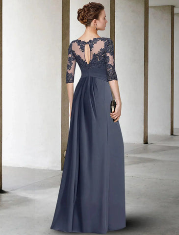 Etuikleid/Säulenkleid in Übergröße, geschwungen, elegantes Kleid für die Brautmutter, Rundhalsausschnitt, bodenlang, Chiffon, Spitze, halbe Ärmel mit Falten, gerüschten Applikationen