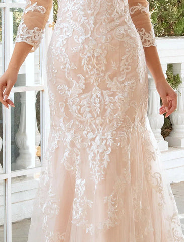 Verlobungs- und formelle Herbst-Brautkleider Trompete/Meerjungfrau-Linie Herzausschnitt Langarm Pinselschleppe Spitze Brautkleider mit Applikationen