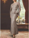 Etuikleid/Säulenkleid für die Mutter der Braut, formeller Hochzeitsgast, elegant, U-Ausschnitt, bodenlang, knielang, Spitze, Charmeuse, Pailletten, lange Ärmel mit Applikationen