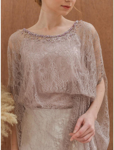 Etuikleid/Säulenkleid für die Brautmutter, elegant, süß, U-Ausschnitt, knöchellang, Satin, halbe Ärmel mit Perlenbesatz und Rüschen