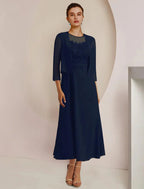 Vestido de mãe da noiva em duas peças, corte A, formal, para convidada de casamento, elegante, decote redondo, comprimento chá, chiffon, renda, manga 3/4, casaco, vestidos com faixa/fita, aplicações