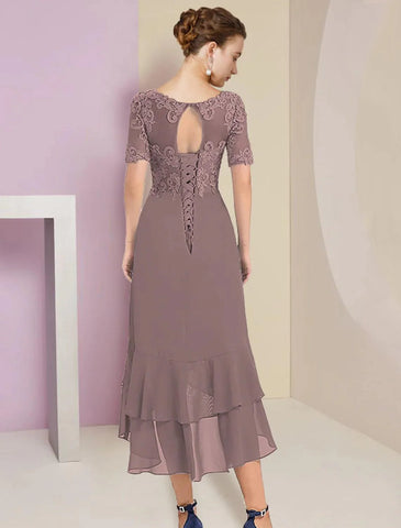 Zweiteiliges A-Linien-Kleid für die Mutter der Braut, formelle Herbsthochzeitsgäste, elegant, hoher und niedriger V-Ausschnitt, asymmetrisch, knielang, Chiffon, Spitze, kurze Ärmel, 3/4-Ärmel, Wickelkleid inklusive Applikationen