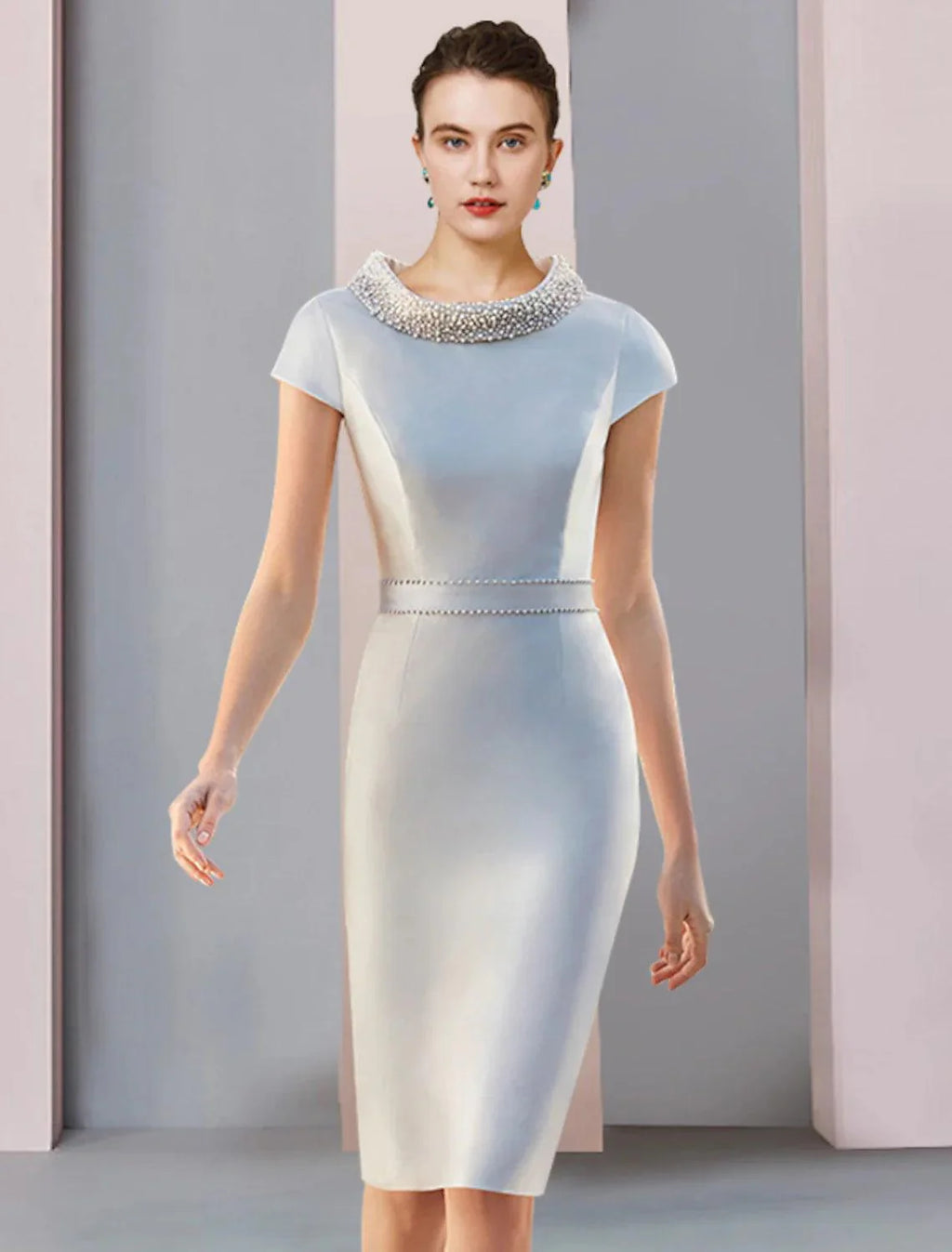 Zweiteiliges Kleid für die Mutter der Braut, Hochzeitsgast, Party, elegant, U-Ausschnitt, knielang, Satin, 3/4-Ärmel, mit Schleife(n), Perlen