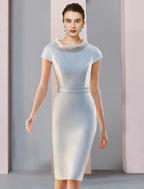 Zweiteiliges Kleid für die Mutter der Braut, Hochzeitsgast, Party, elegant, U-Ausschnitt, knielang, Satin, 3/4-Ärmel, mit Schleife(n), Perlen